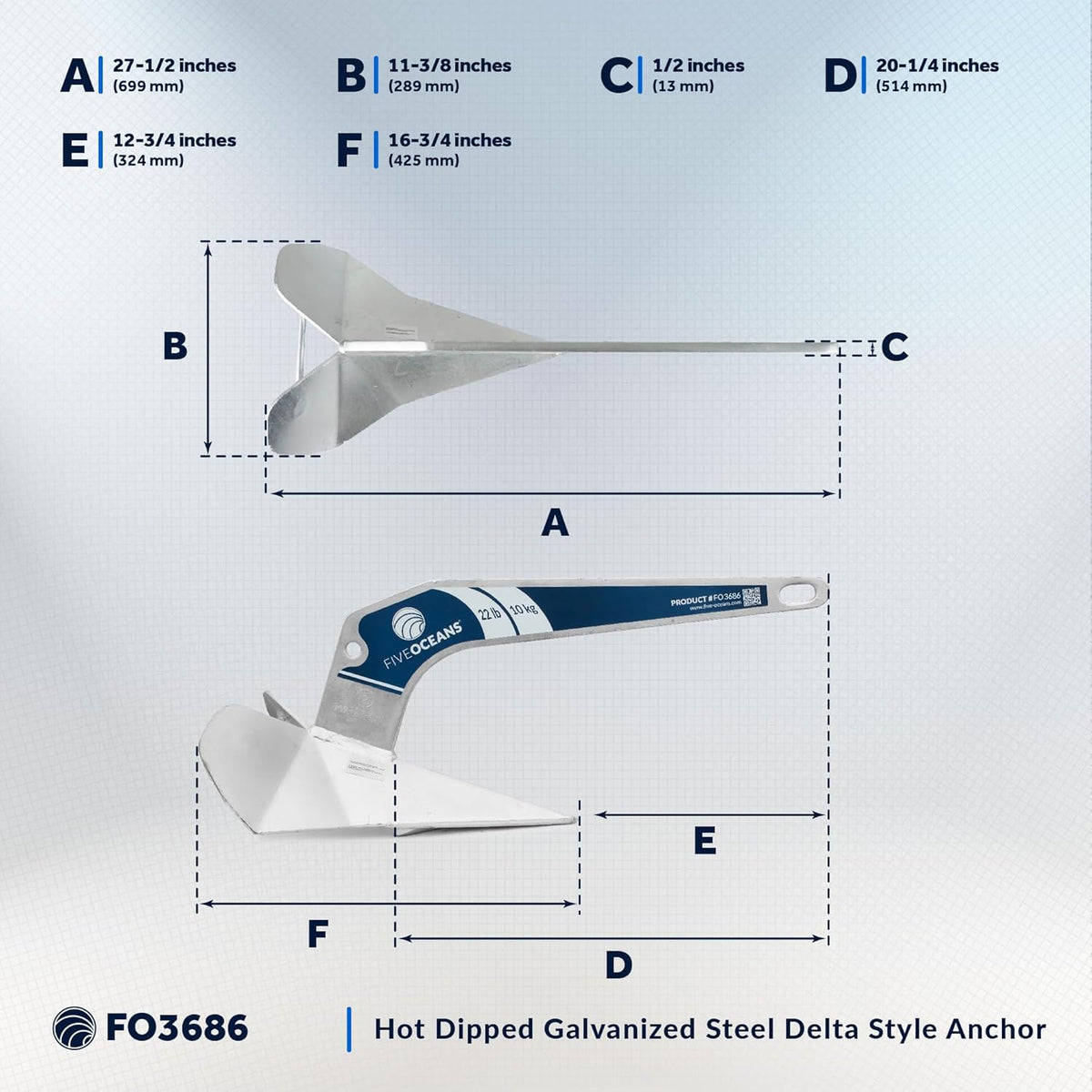 Five Oceans 22lb Delta Style Wing Galvanized Boat Anchor - Inclusive Inc