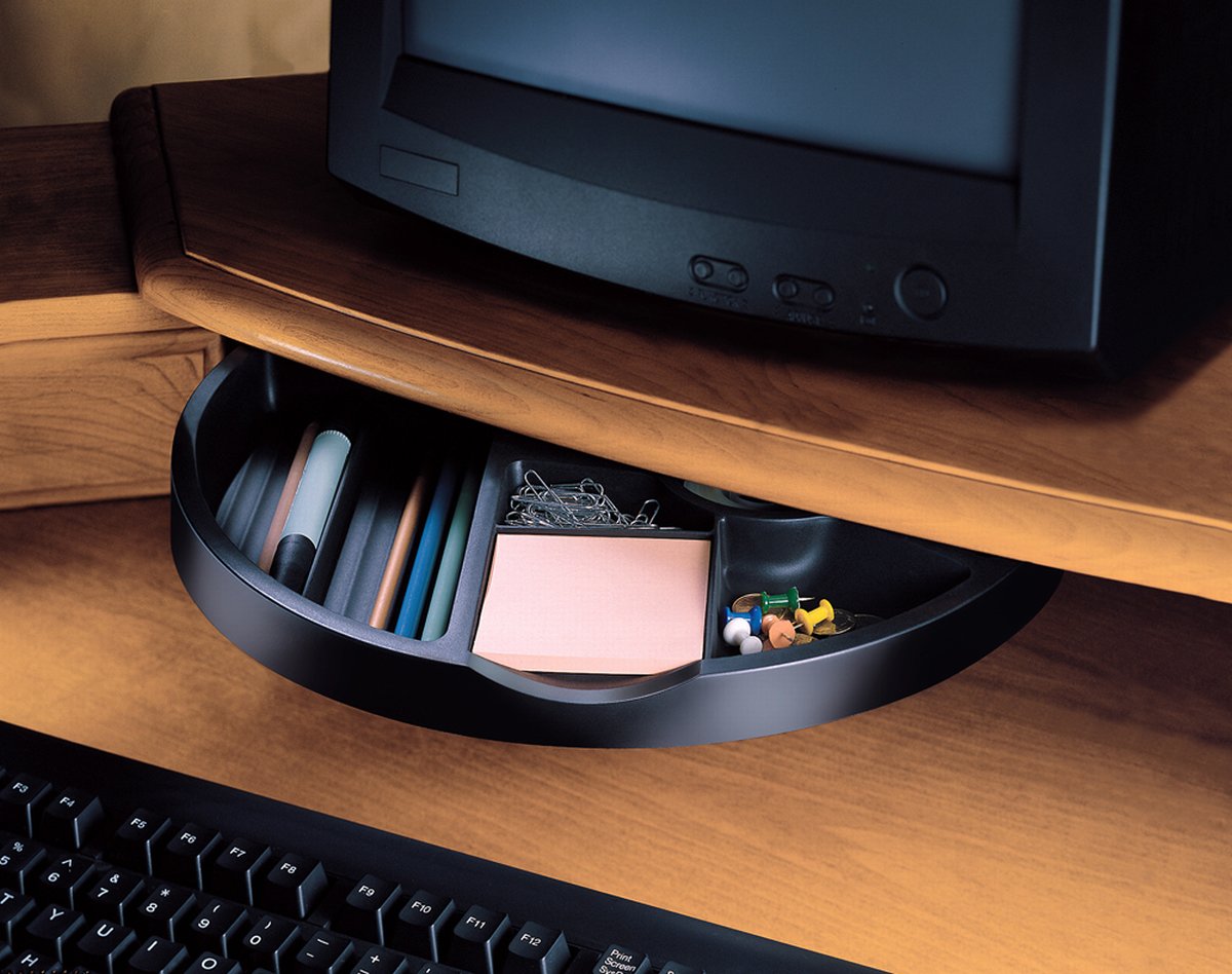 Rotating Storage Tray for under Monitor Shelf (Large Black) - Broadened Horizons Direct