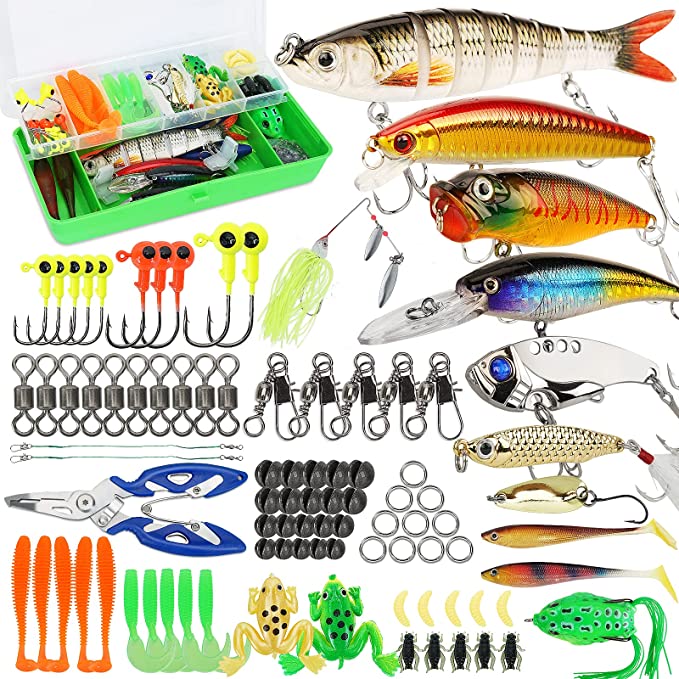 Tackle Box full of Fishing Lures + 3 Bobbers + Glow-in-Dark Bell - Inclusive Inc