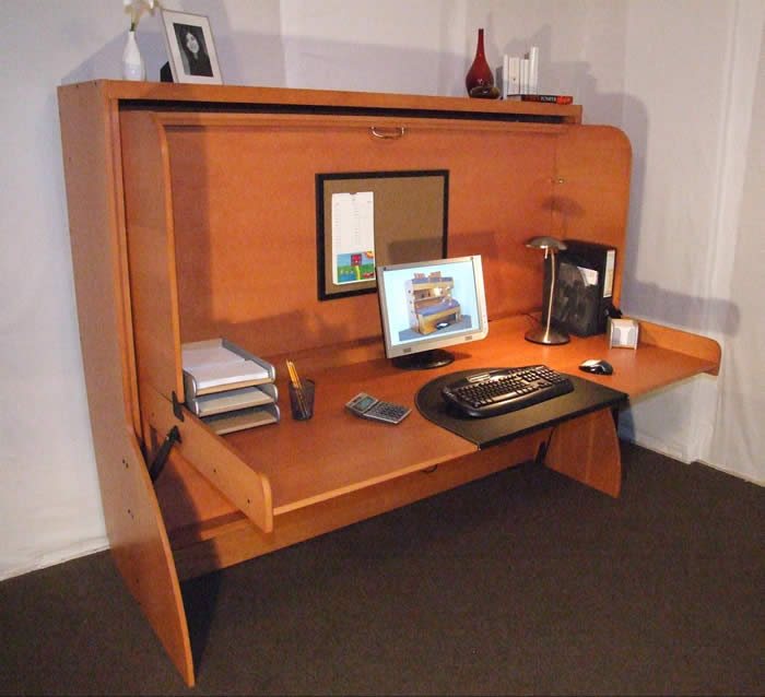 Horizontal Transforming Desk to Full (Double) Hidden Bed - Maple with Cherry Finish - Broadened Horizons Direct